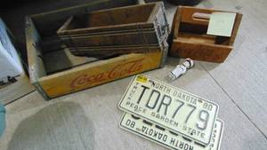 lot 138 image: Coke Crate, License Plates, Sewing Drawers and Misc