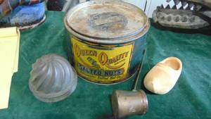 lot 42A image: Queen Quality Nuts Tin, Mold, Copper Dippe and Wooden Shoe