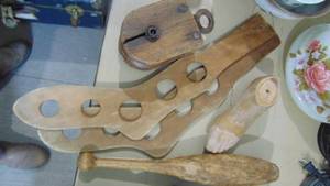lot 81A image: Pair of Sock Stanchers, Mannequin Foot, Wood Pulley and Juggling Pin
