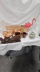 lot 23 image: Stoneware Jar, Pitcher, chicken and flamingo dcor