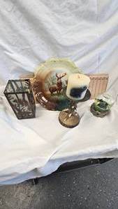 lot 48 image: Black Bear Snowglobe, Candle Holder, Candle Pillar Stand, Elk Plate