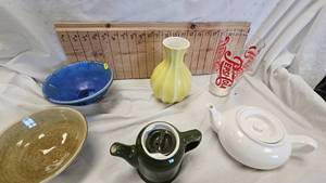 lot 54 image: Tea Pots, Stoneware Bowls, Vase and Glass as Pictured