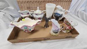 lot 57 image: Pewter Deer Jiggers, Sugar and Creamers, Milk Glass, misc