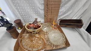 lot 10 image: Watt Pottery Bowl, Wood Cheese Box, Vintage Glassware and Misc