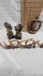 lot 8 image: Bear and Wolf Busts, Deer Dcor and Resin Antler Welcome Sign