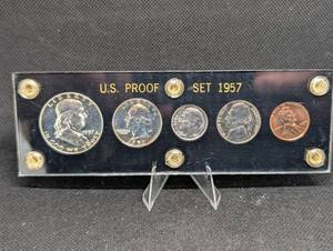 lot 51 image: 1957 U.S. Proof Set in Display Case - Lincoln Cent, Nickel, Dime, Quarter, Half