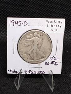 lot 66 image: 1945-D Walking Liberty Half Dollar - Denver Mint, 50C, 90% Silver