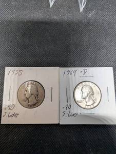 lot 76 image: 1935 And 1964-D Washington Quarters (90% Silver)