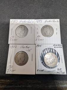 lot 77 image: Barber Quarter Coins Set - 1903, 1893, 1907, 1915 - 90% Silver
