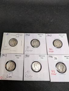 lot 80 image: Mercury Dimes - 1925, 1936, 1941, 1942 (2), 1943 - 90% Silver