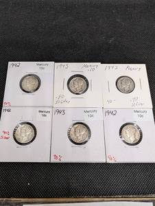 lot 81 image: Mercury Dimes 1942-1944 (Lot of 6) - 90% Silver