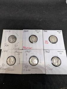 lot 82 image: Mercury Dimes - 1940s 90% Silver - 6 Coins