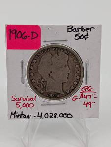 lot 105 image: Barber Half Dollar 1906-D - Denver Mint 50c