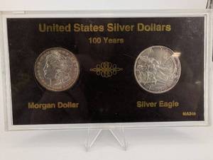 lot 140 image: 1898 Morgan Dollar & 1998 American Silver Eagle - 2-Coin Display Set