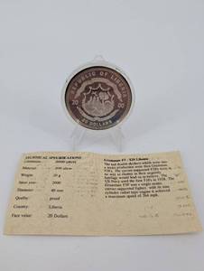lot 144 image: Grumman F3F Liberia 20 Dollars Silver Proof Coin 2000
