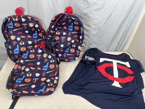 lot 25 image: 3 New MN Twins Backpacks and Pink MN Twins Shirt