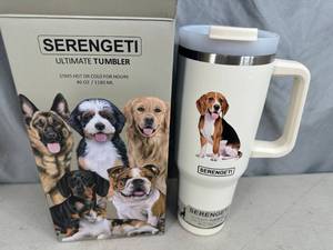 lot 90 image: New Serengeti Vacuum Insulated Stainless Steel Tumbler with Lid - Beagle Dog