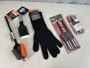 lot 118 image: New BBQ Accessories, Heat Glove, Grill Brushes, Lighters, and More