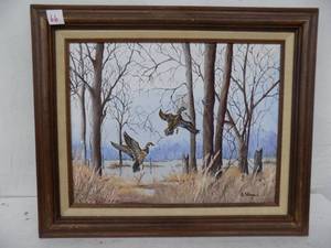 lot 66 image: Framed Oil Painting (Wood Ducks)   By S. Winge  23 x 19
