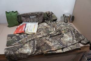 lot 88 image: Assorted Camping Gear - Pants, Jacket, Gloves, Coffee Pot, Rain Gear