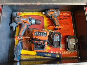 lot 11 image: RIDGID 18V DrillDriver & Impact Driver Combo Kit w 2 Batteries & Charger