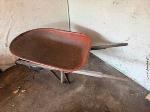 lot 13 image: Vintage Red Wheelbarrow with Wooden Handles