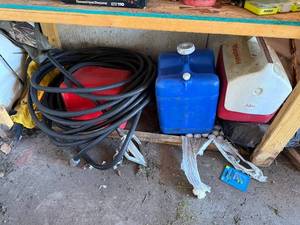 lot 22 image: Igloo Cooler - Blue Water Containers - Coiled Hose - Golf Balls - Wooden Crate