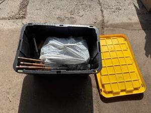 lot 36 image: Wood-Handled Hand Tools - Set in Black Storage Tote with Yellow Lid