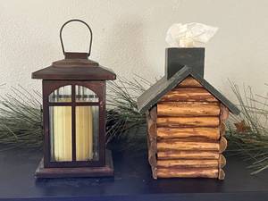 lot 48 image: Lantern Candle Holder & Rustic Log Cabin Tissue Box Holder w Pine Cone Garland