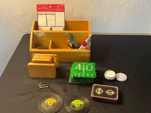 lot 59 image: Wooden Desk Organizer with Compartments - Includes Vinyl Record Coasters, DriveIFY Pendant, Candles & Gift Tags