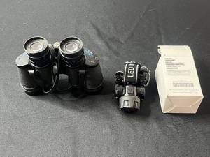lot 64 image: Bushnell Instafocus Binoculars & Industrial LED Headlamp Black