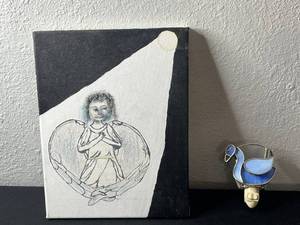 lot 65 image: Abstract Canvas Painting & Blue Horse Nightlight