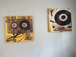 lot 67 image: Music Wall Art - Cassette Tape & Vinyl Record Prints (Pair)