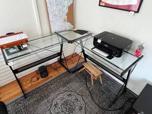 lot 76 image: L-Shaped Glass Desk Set, Black Metal Frame - 2-Piece Office Desks - contents not inc