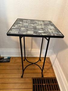 lot 83 image: Guitar Print End Table - Square Top, Black Metal Frame
