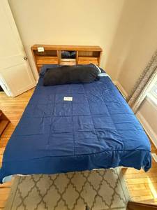 lot 84 image: Queen Bed with Oak Headboard & Built-In Storage, 78 in L x 60 in W - inc comforter but does not inc mattress