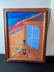 lot 93 image: Painting on Canvas - Folk Art Balcony Scene with Window & Potted Plants