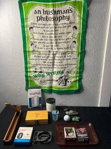 lot 96 image: Vintage Collectibles 8 oz Hip Flask, Playing Cards, Wooden Box, Health Bracelet