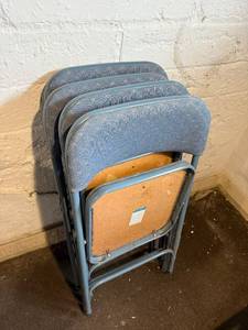 lot 111 image: Card Table & Folding Chairs - Blue Upholstered, Stackable - Set of 4