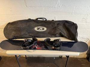lot 112 image: Snowboard With Bindings - Black Top Sheet With Red Graphic, Carry Bag Included