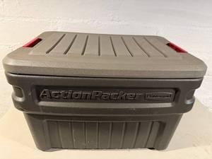 lot 117 image: ActionPacker Rubbermaid Storage Tote - Large Capacity With Red Latches