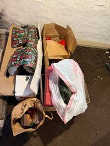 lot 123 image: Assorted Christmas Decorations Artificial Tree, Ornaments, Wrapping Paper & Boxes