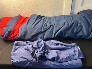 lot 133 image: at home Queen Microfiber Embossed Sheet Set & Red & Blue Reversible Comforter - tote inc