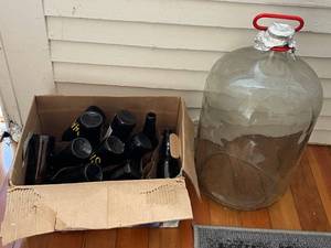 lot 142 image: Shack Bottles & Large Glass Carboy - Brown Long-Neck Beer Bottles With Yellow Shack Labels