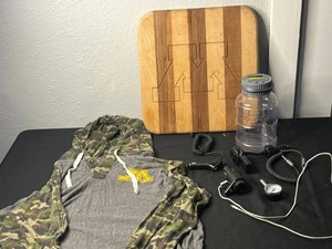 lot 172 image: University of MN Logo Hoodie & Camouflage Jacket, UoM Cutting Board & Misc Electrical Accessories