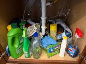 lot 175 image: Windex Glass Cleaner & Assorted Household Cleaners Under Sink - content quantities unverified