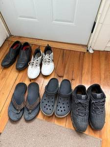 lot 176 image: Nike Gold Shoes & Mixed NikeTimberlandCrocs Footwear Lot - Sneakers, Boots, Sandals & Dress Shoes - SZ 12