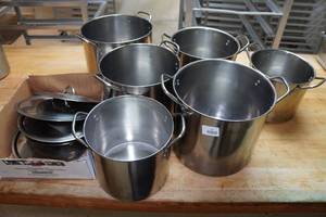 lot 45 image: 6 Stainless Steel Stock Pots and Lids