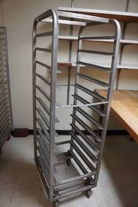 lot 50 image: Industrial Stainless Steel Baking Tray Rolling Rack