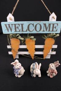 lot 1 image: Wood Carved Rabbit Figurines with Welcome Sign & Carrots - Set of 3